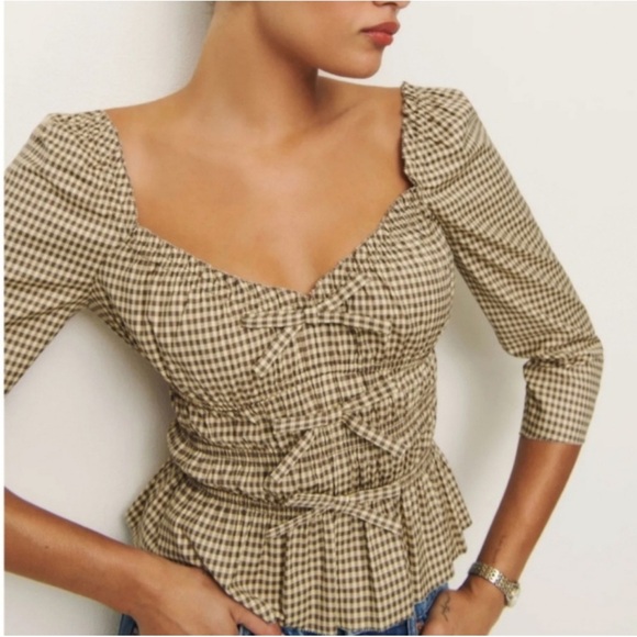 NWT Reformation Lauryn Checkered Quarter Sleeve Bow Top Brown 8 - Picture 3 of 17